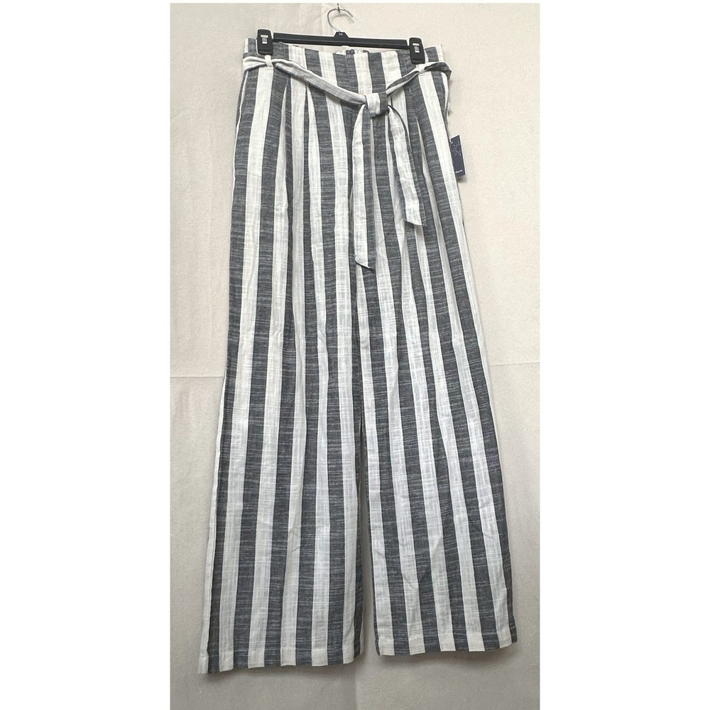 NWT Indigo Rising Clean Girl Gray Cream Striped Wide Leg Linen Cotton Pants M